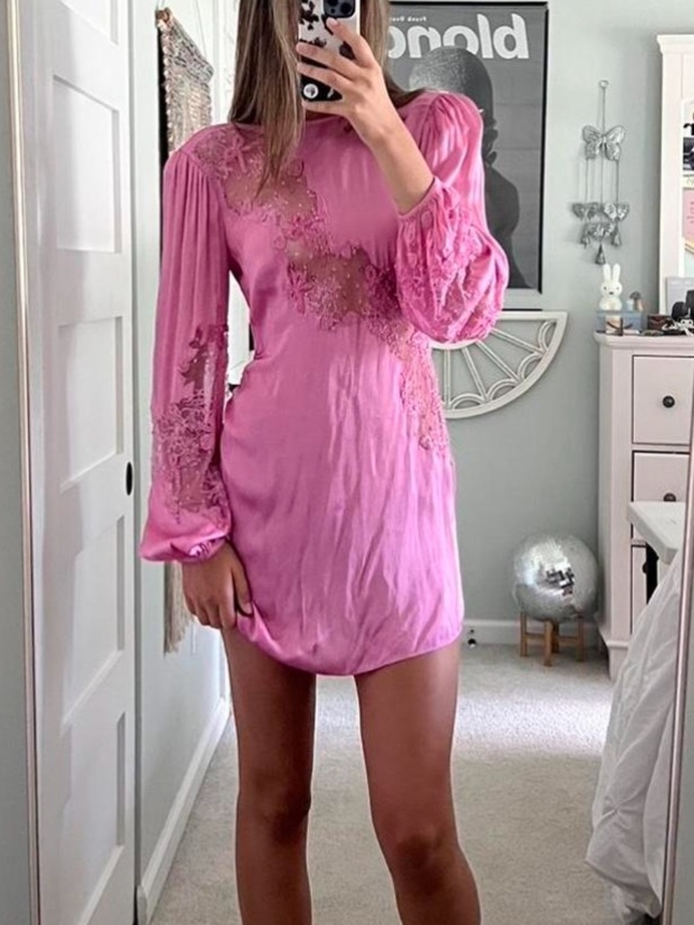 For Love And Lemons Pink Lace-Trim Puff Sleeve Mini Dress